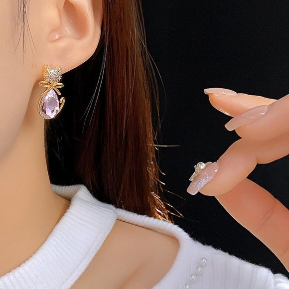 Elegant Pink Cubic Zirconia Cat Earrings for Women - Hypoallergenic Sterling Sil - Picture 3 of 6